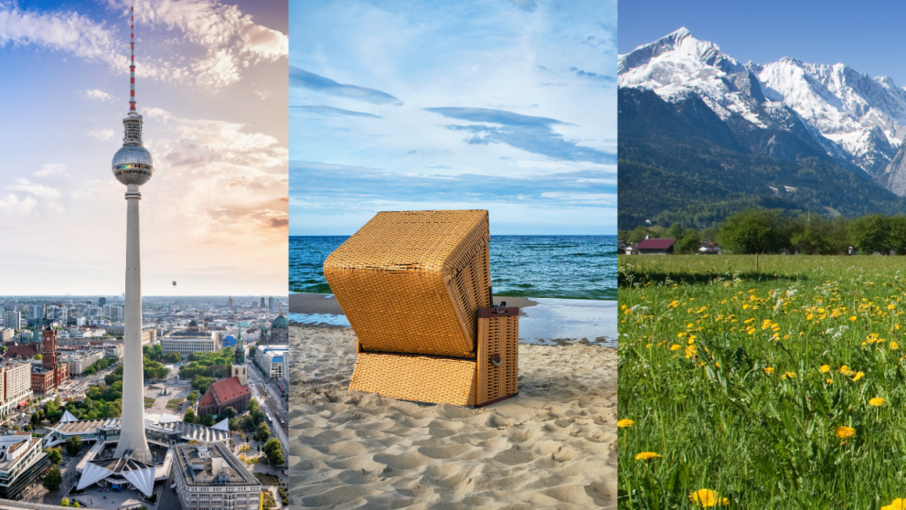 Auf dem Bild sieht man Berge, einen Strandkorb am Meer und eine Aufnahme von einer großen Stadt.