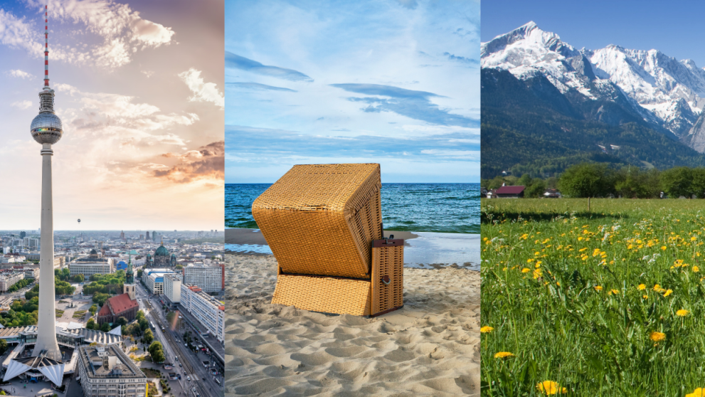 Auf dem Bild sieht man Berge, einen Strandkorb am Meer und eine Blumenwiese mit Bergen im Hintergrund.