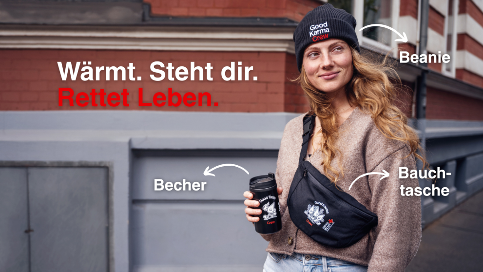 Wärmt. Steht dir. Rettet Leben. Und die drei Gewinne werden gezeigt.
