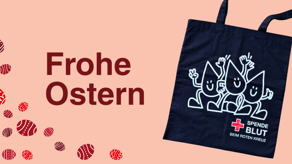 Auf dem Bild sind Ostereier und ein Jutebeutel abgebildet. Darüber hinaus steht dort "Frohe Ostern"