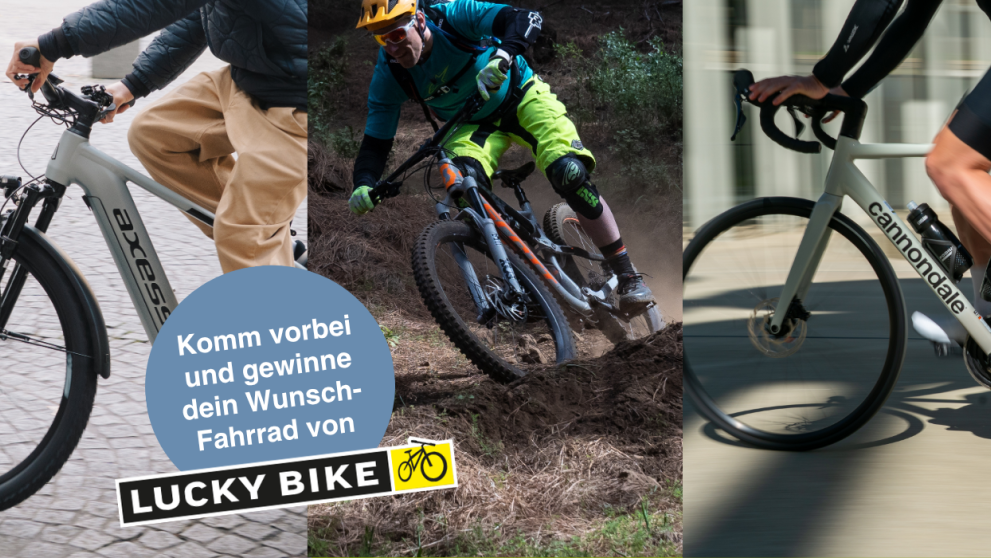 Drei verschiedene Fahrräder - ein E-Bike, ein Mountainbike und ein Gravel-Bike.
