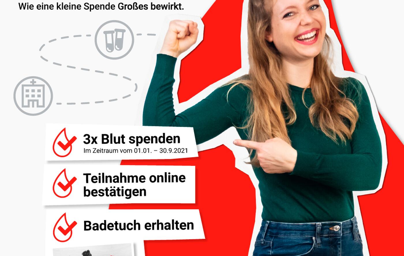 Motiv für die Sammelaktion. der DRK-Blutspendedienst NSTOB bedankt sich bei allen Spenderinnen und Spendern, die Im Zeitraum vom 01.01. bis 30.09.21 drei Mal Blut spenden mit einem Lebensretter-Badetuch! Bildrechte: DRK-Blutspendedienst NSTOB