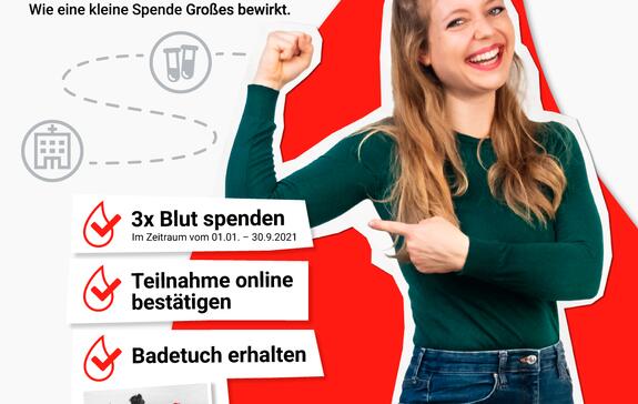 	 Motiv für die Sammelaktion. der DRK-Blutspendedienst NSTOB bedankt sich bei allen Spenderinnen und Spendern, die Im Zeitraum vom 01.01. bis 30.09.21 drei Mal Blut spenden mit einem Lebensretter-Badetuch! Bildrechte: DRK-Blutspendedienst NSTOB