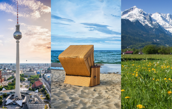 Auf dem Bild sieht man Berge, einen Strandkorb am Meer und eine Aufnahme von einer großen Stadt.