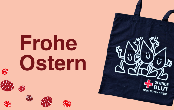 Auf dem Bild sind Ostereier und ein Jutebeutel abgebildet. Darüber hinaus steht dort "Frohe Ostern"