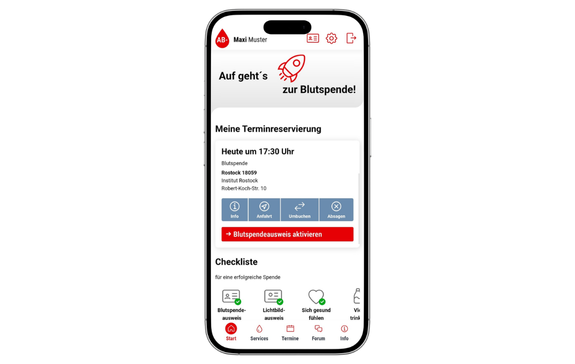 Screenshot von der App von der Startseite mir auf gehts zu Blutspende