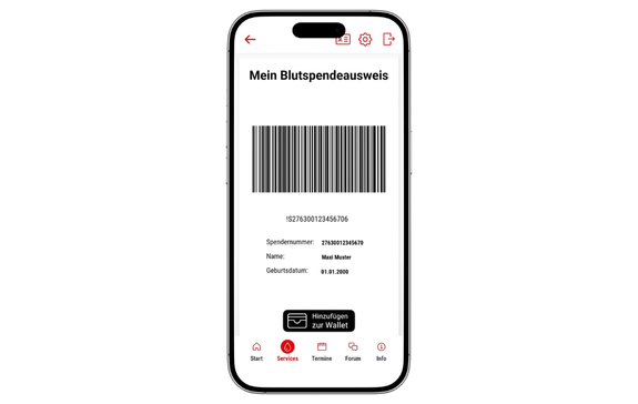 Screenshot von der App vom Blutspendeausweis 