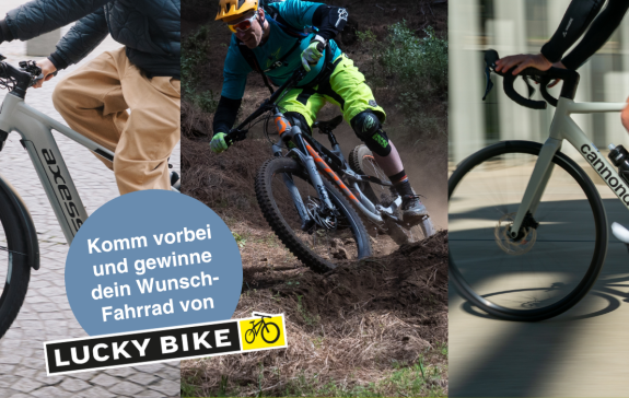 Drei verschiedene Fahrräder - ein E-Bike, ein Mountainbike und ein Gravel-Bike.
