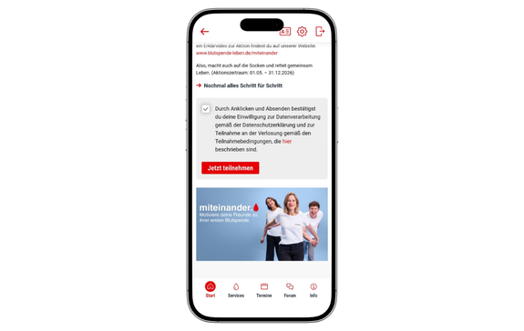 Screenshot von der App von der Startseite mit akuteller Kampange