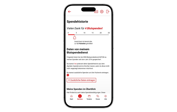 Screenshot von der Spendehistorie mit 4 Blutspenden in der App